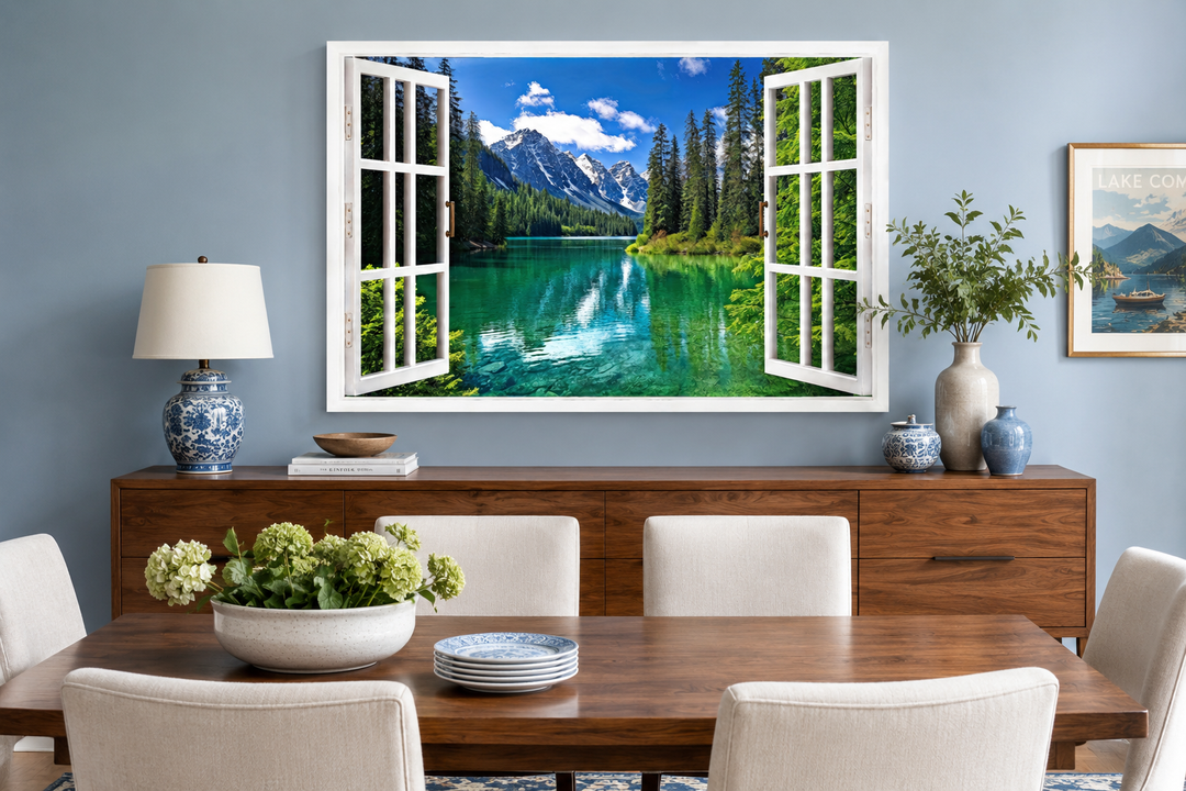 Mountains and emerald lake fake window view wall art in a dining room setting.