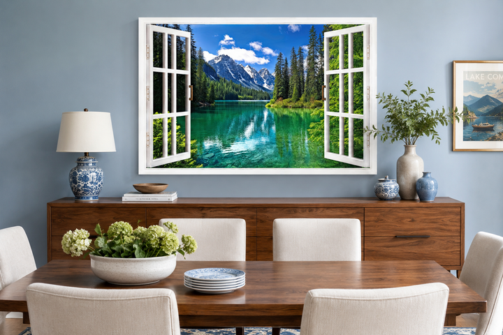 Mountains and emerald lake fake window view wall art in a dining room setting.