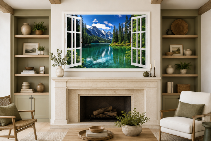 Mountains and emerald lake fake window view wall art above a fireplace in a living room.