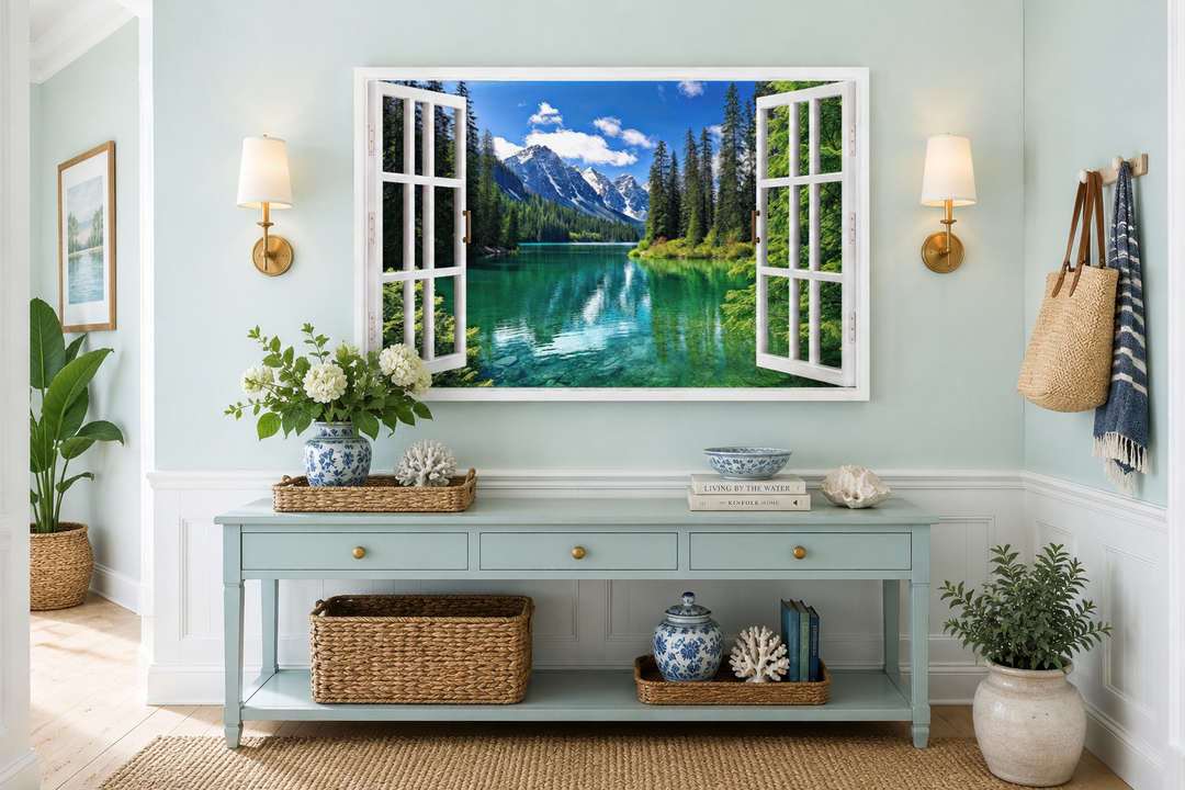 Mountains and emerald lake fake window view wall art above a blue console table in a bright room.