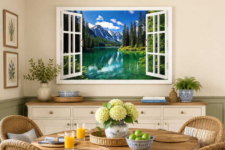 Mountains and emerald lake fake window view wall art above a sideboard in a dining room.