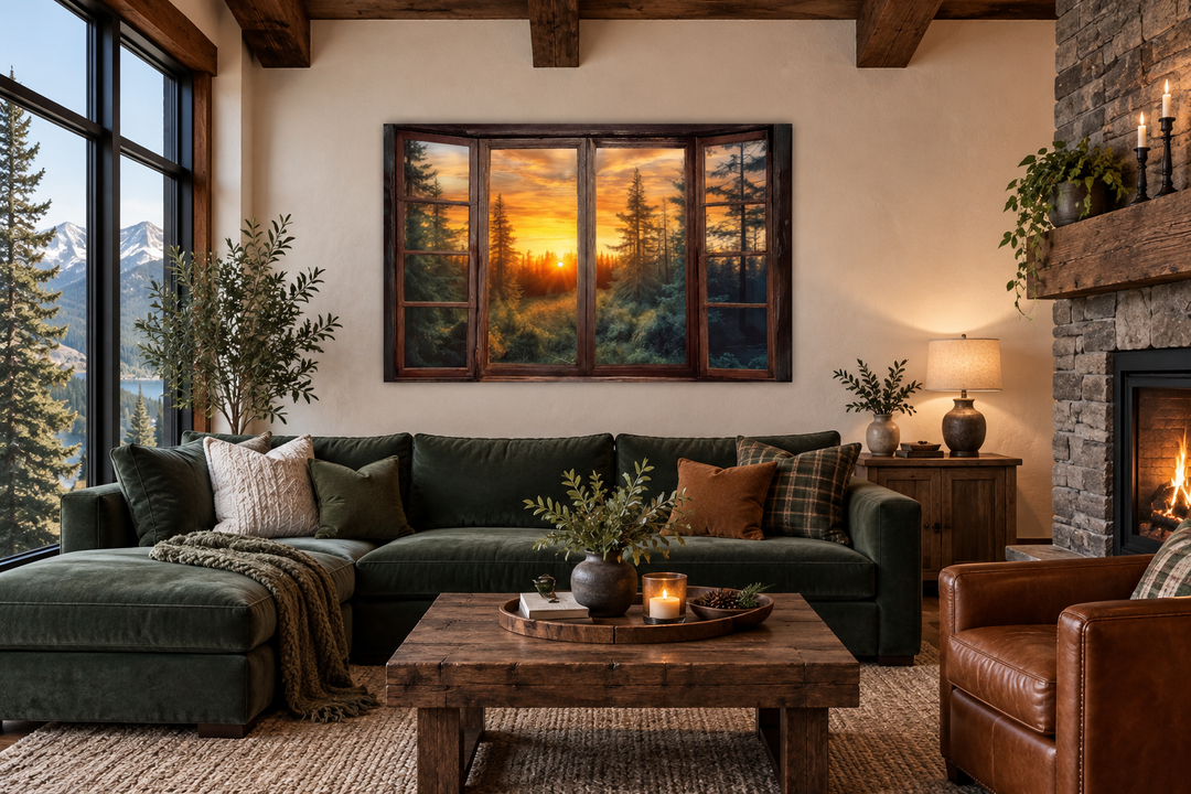 Forest view from open rustic cabin window canvas wall art above a green sofa in a cozy living room.