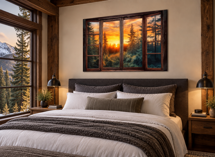 Rustic cabin wall art featuring a forest sunset view through a faux open window above a bed.