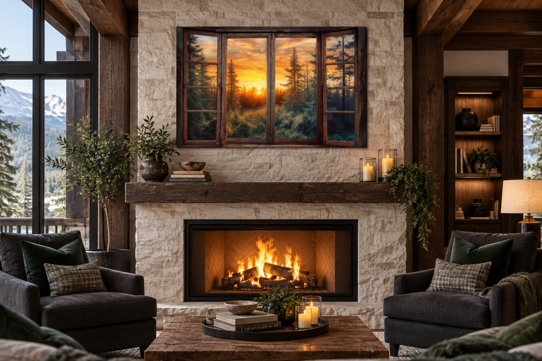 Rustic cabin wall art featuring a sunset forest view through a faux open window frame.