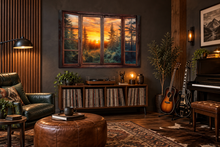 Rustic cabin wall art featuring a faux open window view of a forest at sunset.