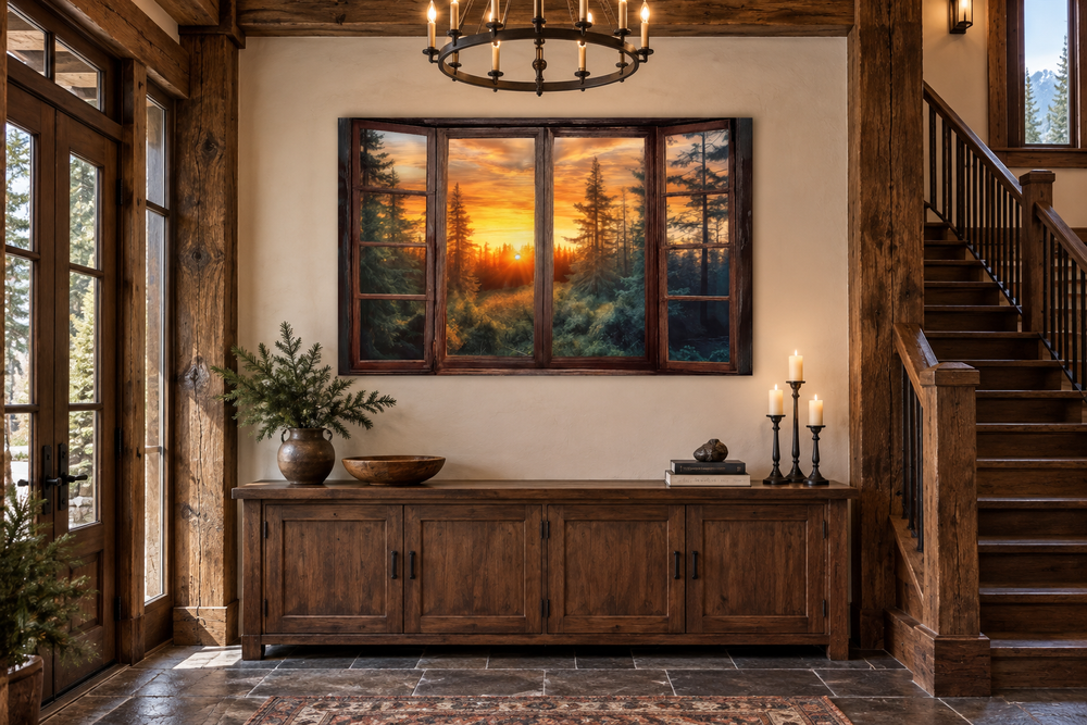 Rustic cabin wall art featuring a faux open window view of a forest sunset over a wooden sideboard.