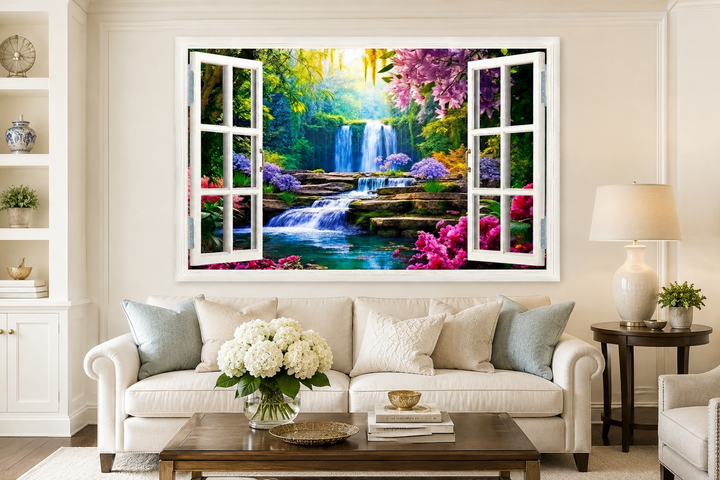 Vibrant garden and waterfall fake window wall art hanging above a white sofa in a living room.