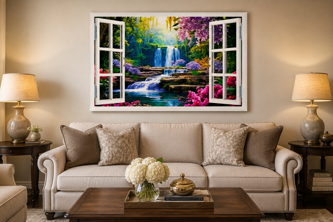 Vibrant garden and waterfall fake window wall art hanging above a sofa in a living room.