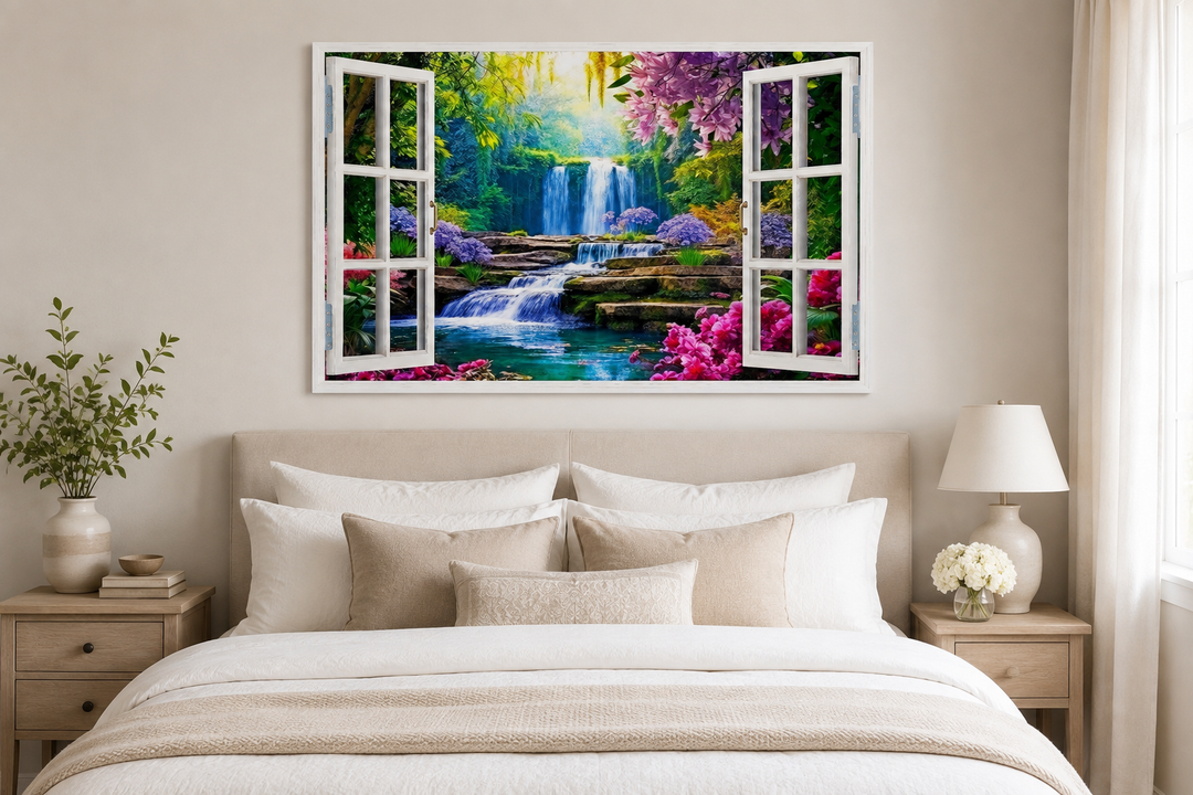 Vibrant garden and waterfall fake window wall art hanging above a bed in a neutral bedroom.