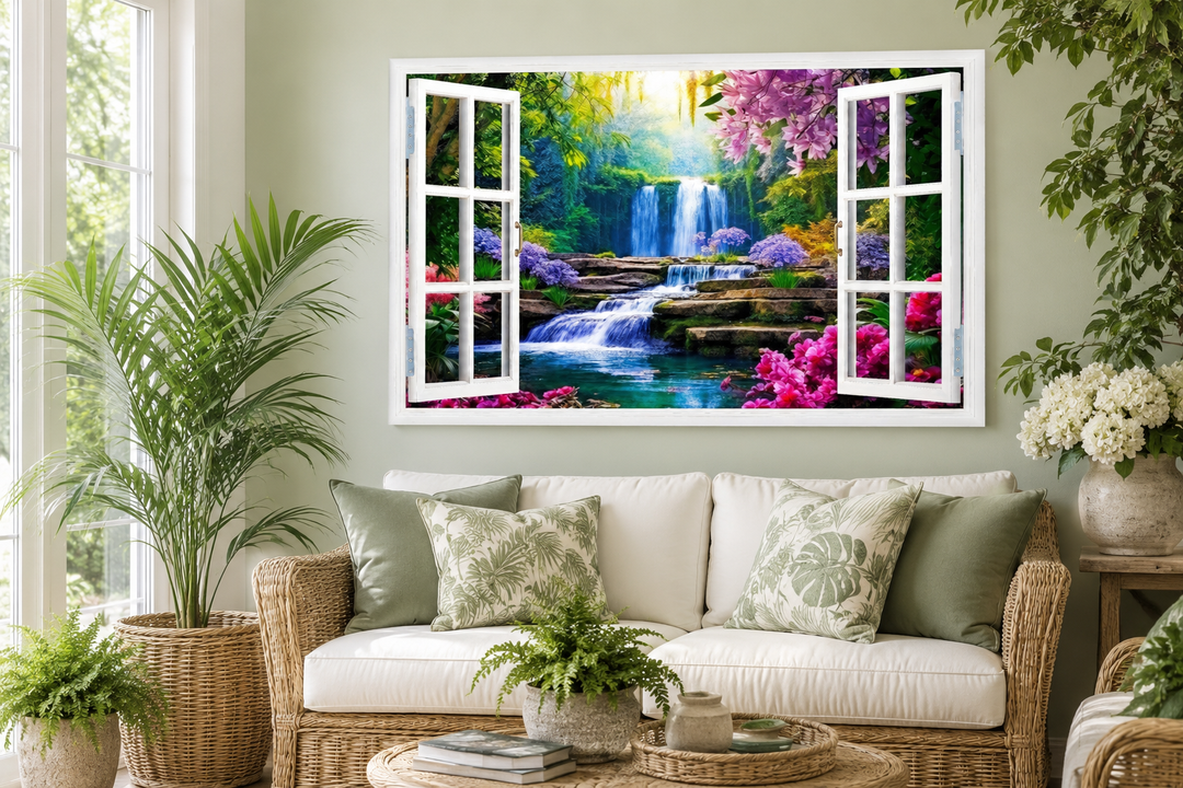 Vibrant garden and waterfall fake window wall art above a sofa in a nature-inspired living room.