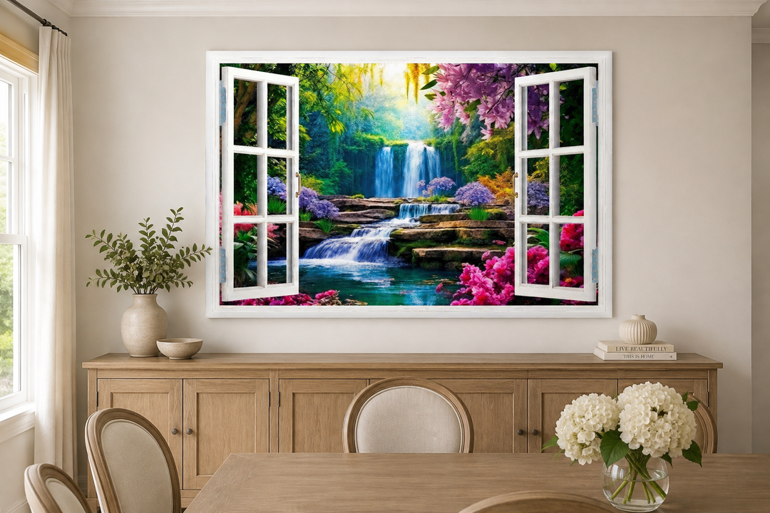 Vibrant garden and waterfall fake window wall art hanging above a wooden sideboard in a dining room.