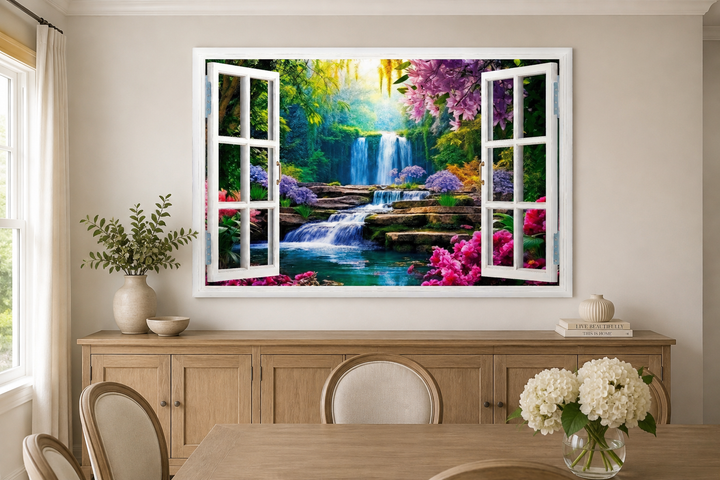 Vibrant garden and waterfall fake window wall art hanging above a wooden sideboard in a dining room.