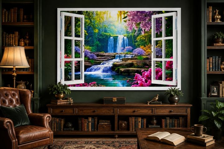 Vibrant garden and waterfall fake window wall art hanging in a dark green library setting.