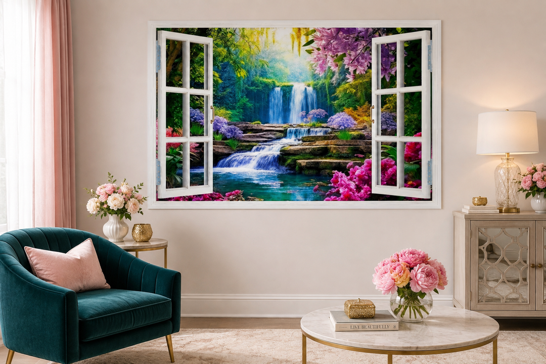 Vibrant garden and waterfall fake window wall art on a living room wall above a coffee table.