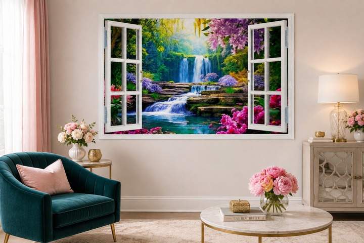 Vibrant garden and waterfall fake window wall art on a living room wall above a coffee table.