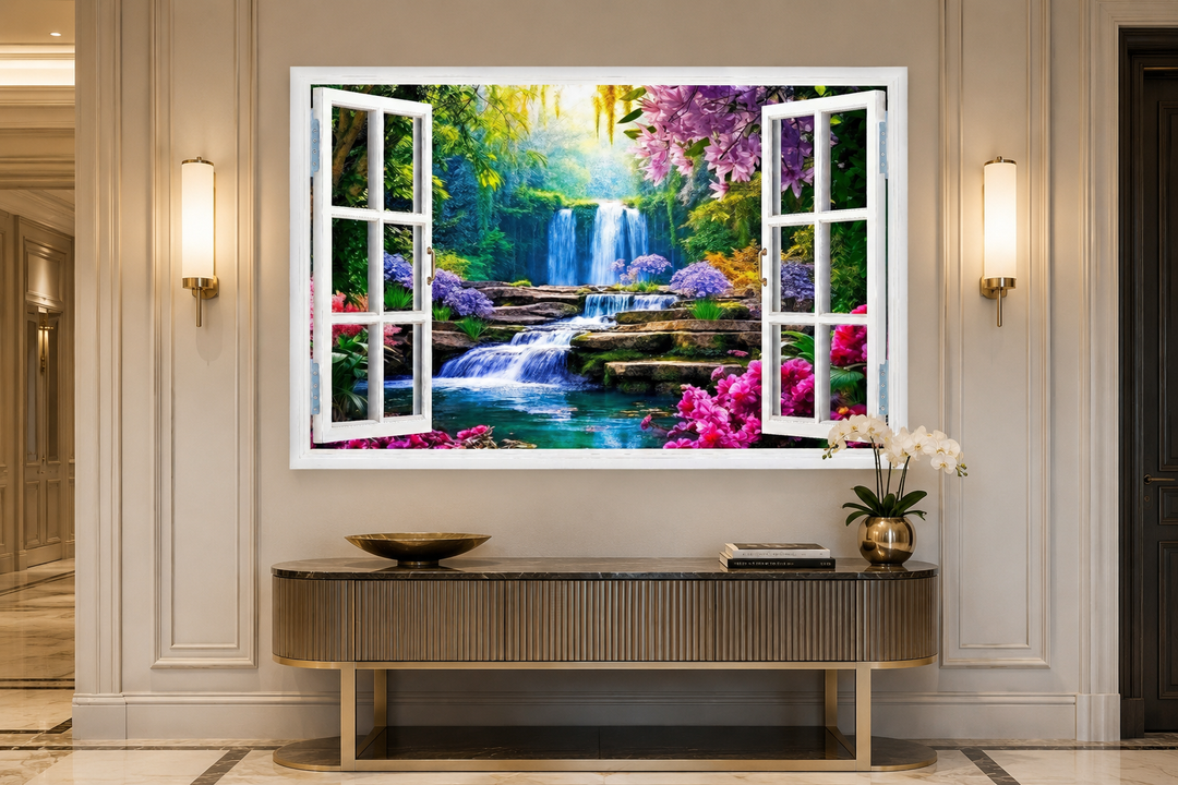 Vibrant garden and waterfall fake window wall art above a console table in a hallway.