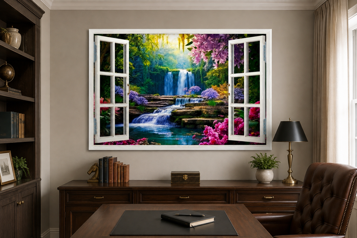 Vibrant garden and waterfall fake window wall art hanging above a desk in a home office.