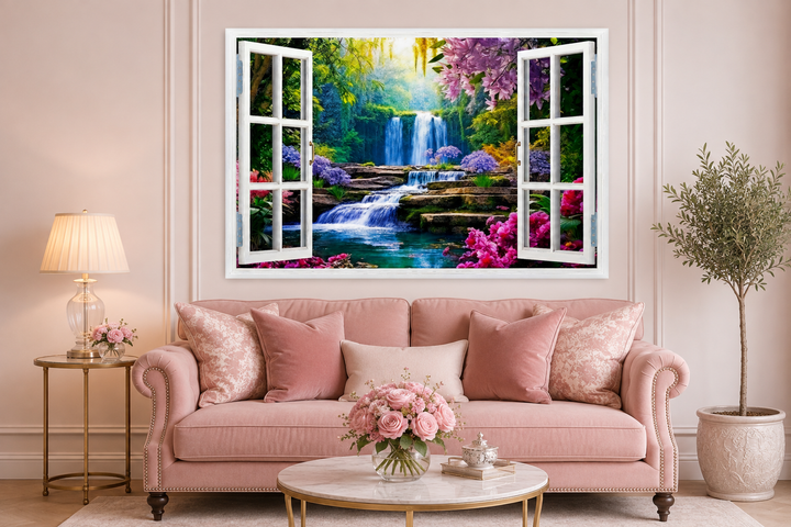 Vibrant garden and waterfall fake window wall art hanging above a pink sofa in a living room.