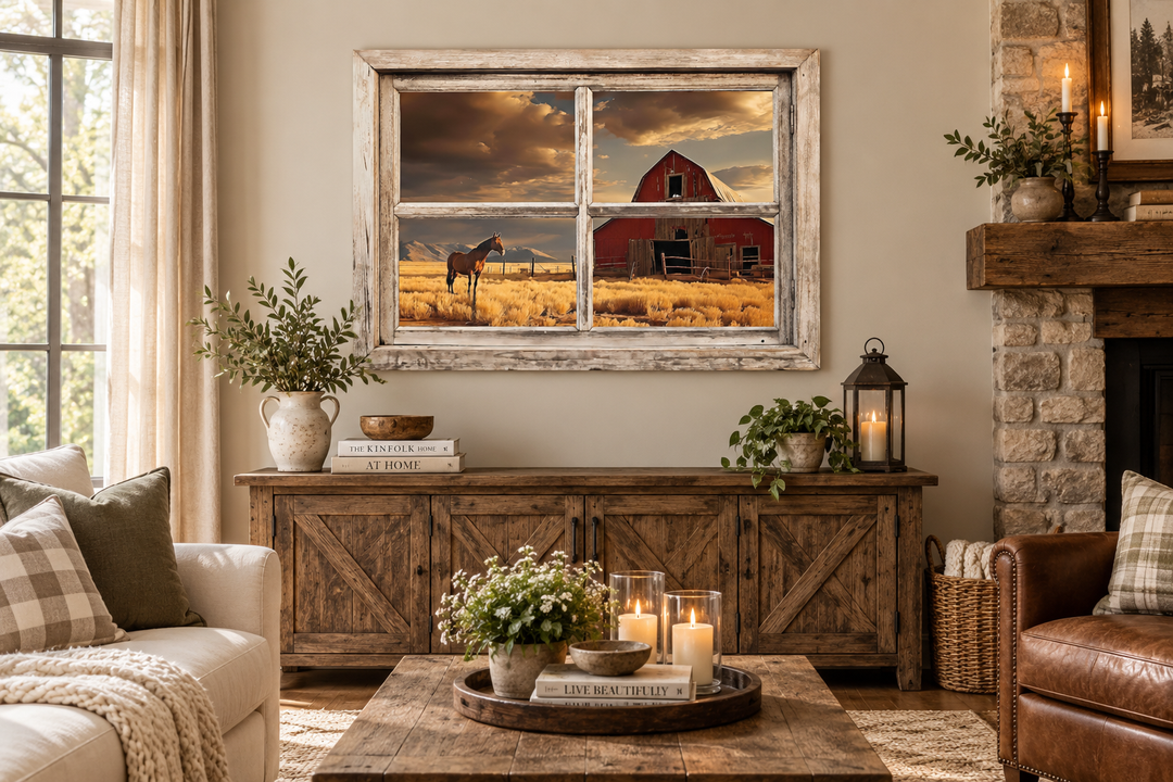 Rustic window frame wall art featuring a red barn and horse in a golden field at sunset.