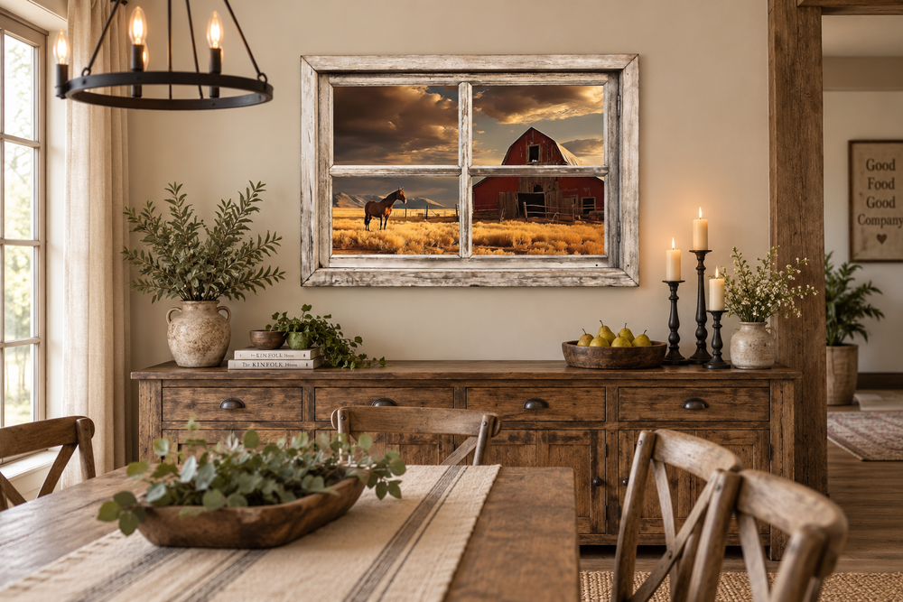 Rustic window view wall art featuring a red barn and horse in a golden field at sunset.