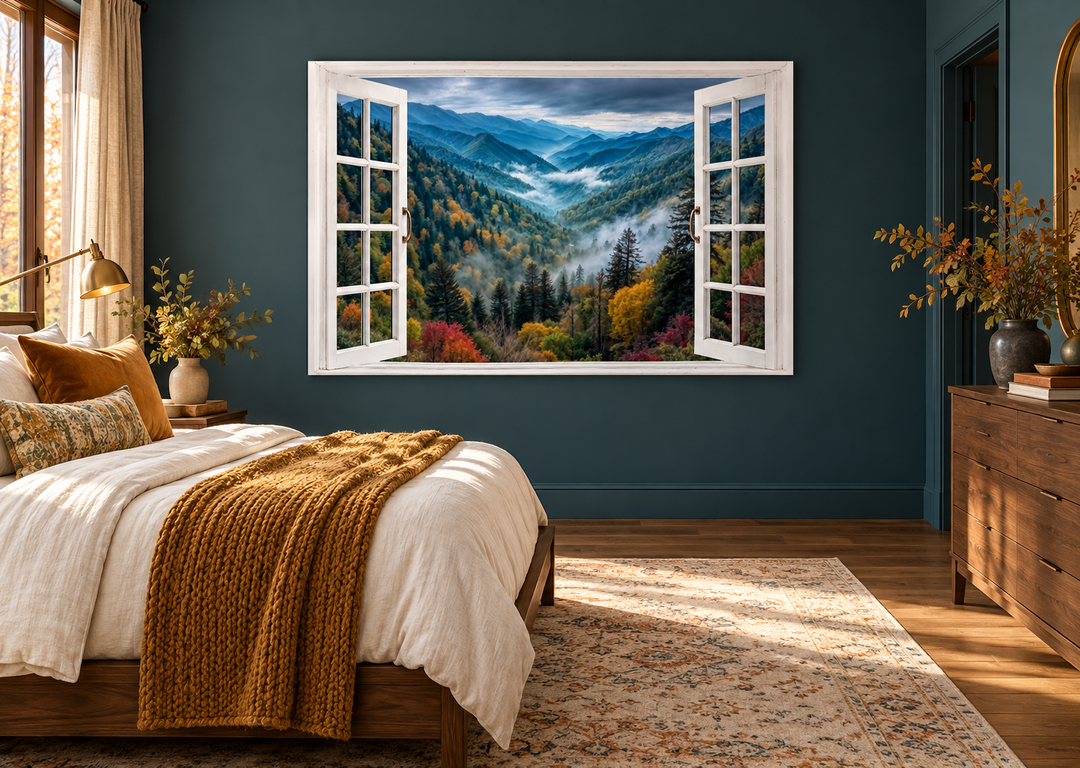 Window View of Mountain Valley canvas wall art showing misty peaks and autumn forest on a dark wall.