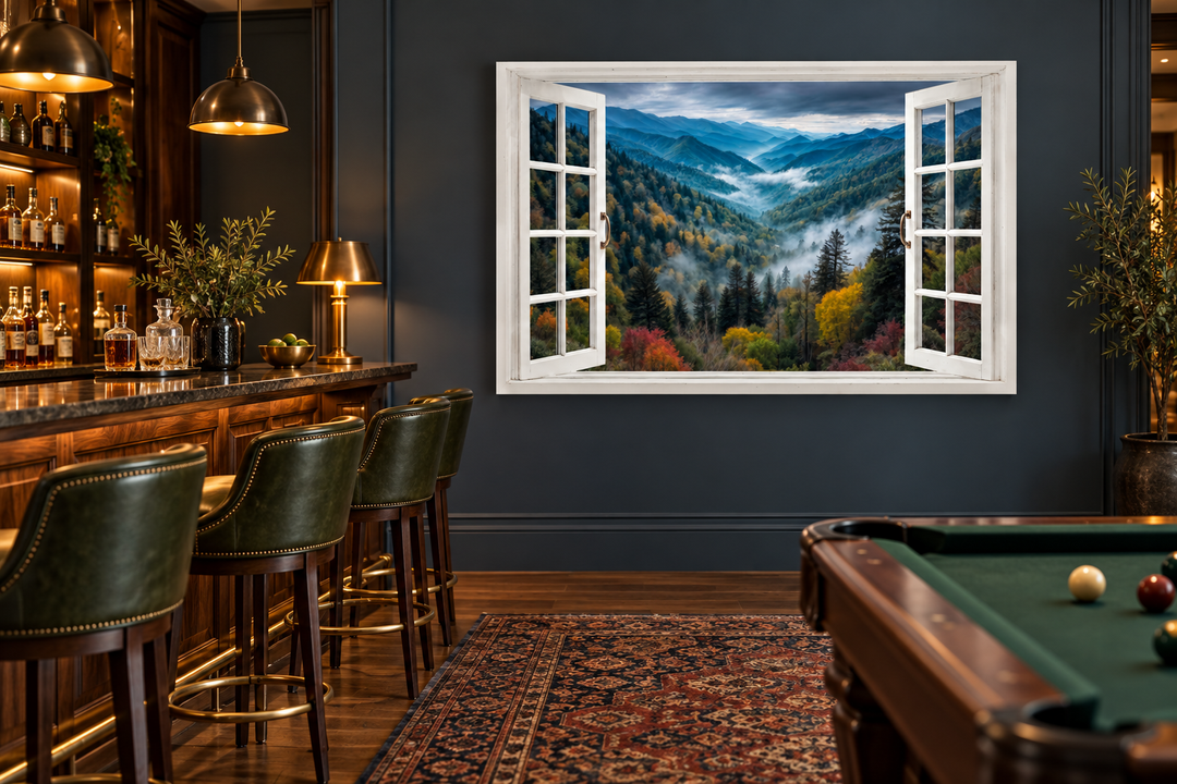 Window View of Mountain Valley canvas wall art in a home bar with a pool table.