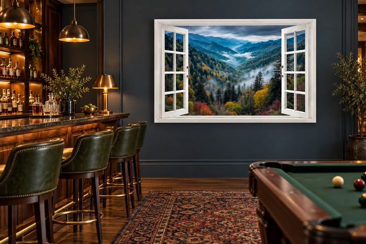 Window View of Mountain Valley canvas wall art in a home bar with a pool table.