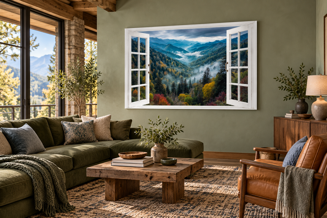Window View of Mountain Valley canvas wall art showing misty peaks and autumn forests on a green wall