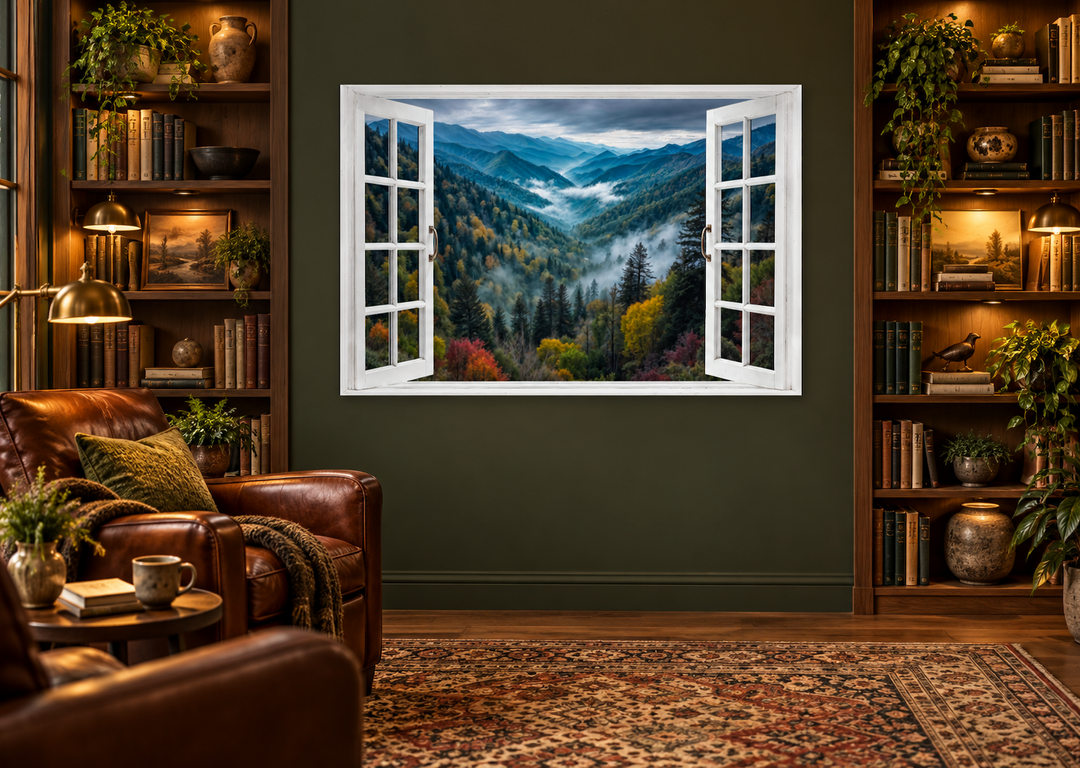 Window view of mountain valley canvas wall art in a cozy library with bookshelves and leather chair.