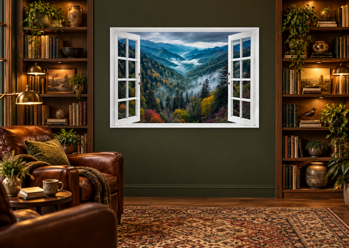 Window view of mountain valley canvas wall art in a cozy library with bookshelves and leather chair.