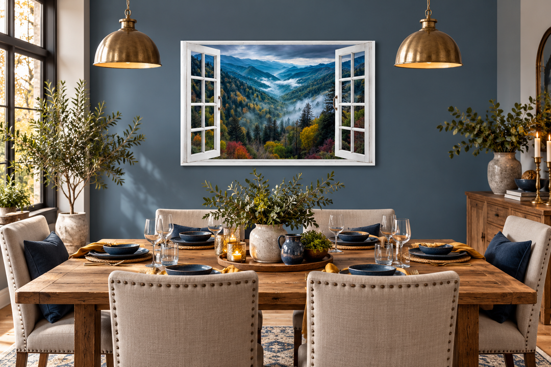 Window view of mountain valley canvas wall art above a dining table in a modern rustic room.