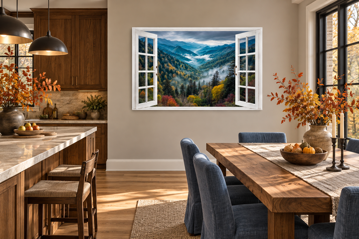 Window View of Mountain Valley canvas wall art in a rustic dining room with autumn decor.