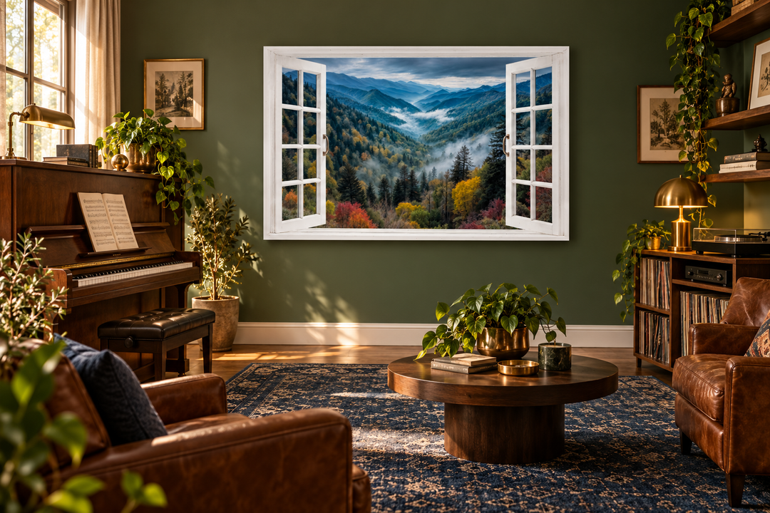Window View of Mountain Valley canvas wall art in a cozy living room with a piano and plants.