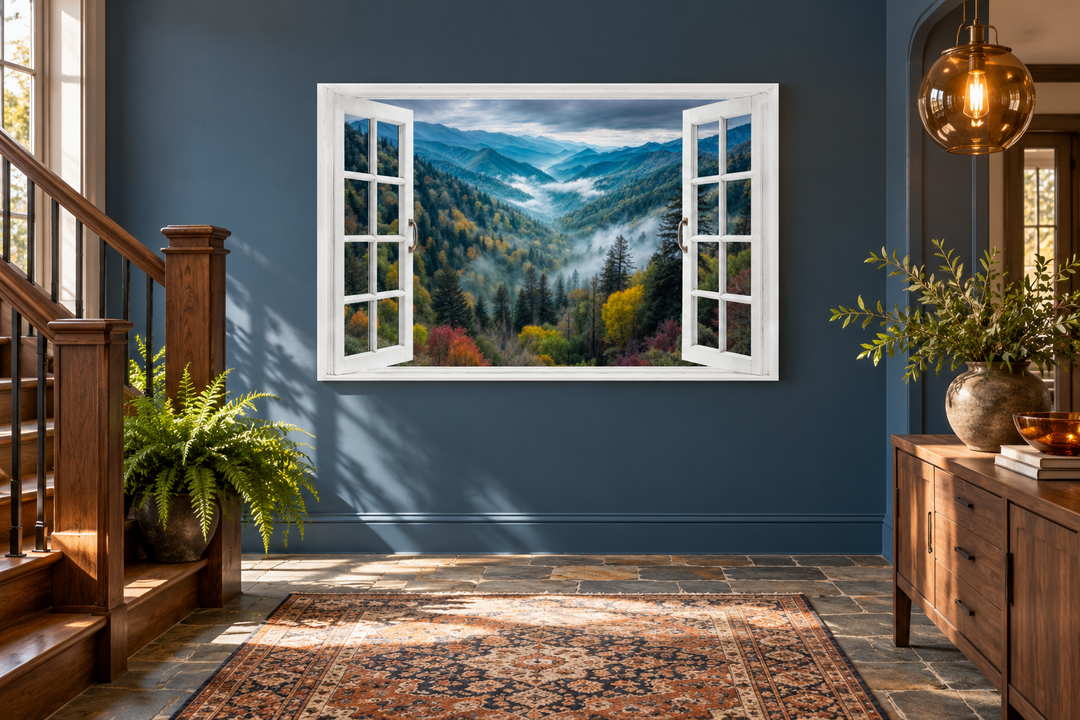 Window View of Mountain Valley canvas wall art on a dark blue wall in a rustic entryway.