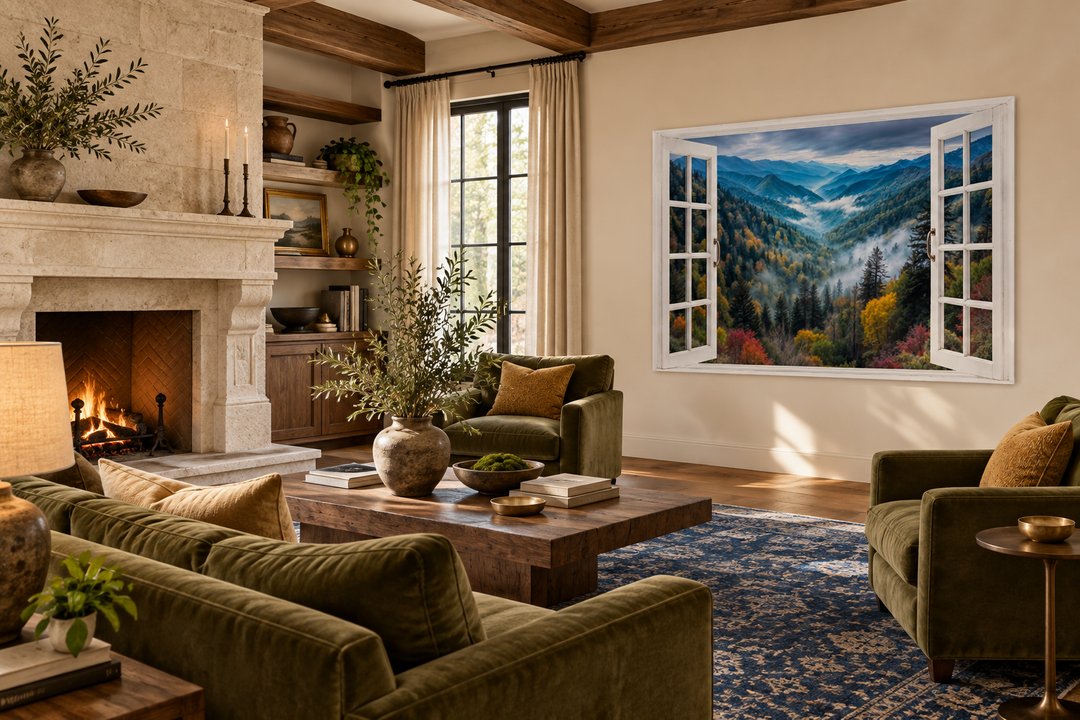 Window View of Mountain Valley canvas wall art in a rustic living room with a stone fireplace.