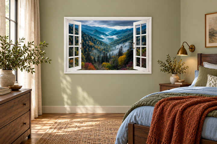 Window View of Mountain Valley canvas wall art showing misty peaks and autumn forests on a wall.