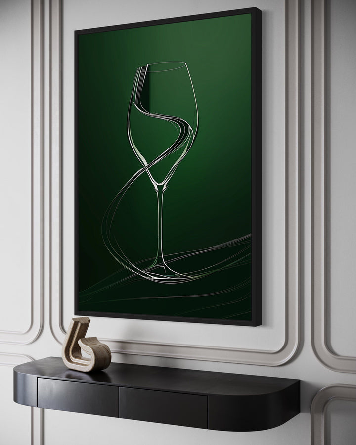 Wine Glass Elegant Painting Emerald Green Framed Canvas Wall Art For Dining Room