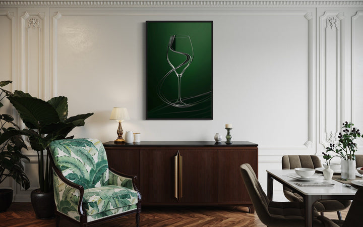 Wine Glass Elegant Painting Emerald Green Framed Canvas Wall Art For Dining Room