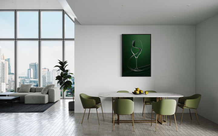 Wine Glass Elegant Painting Emerald Green Framed Canvas Wall Art For Dining Room