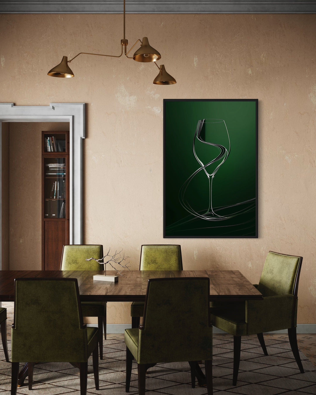 Wine Glass Elegant Painting Emerald Green Framed Canvas Wall Art For Dining Room