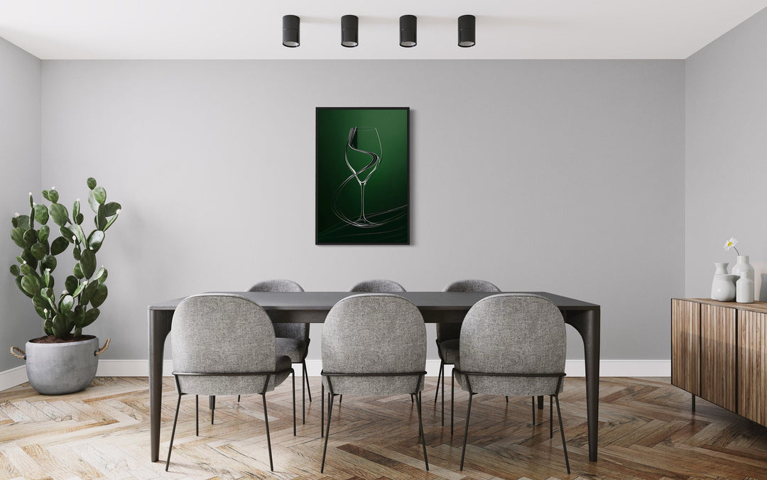 Wine Glass Elegant Painting Emerald Green Framed Canvas Wall Art For Dining Room