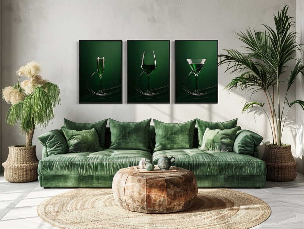 Dining Room Wall Decor - Wine Glass, Martini and Champagne Flute Emerald Green Dining Room Framed Canvas Wall Art