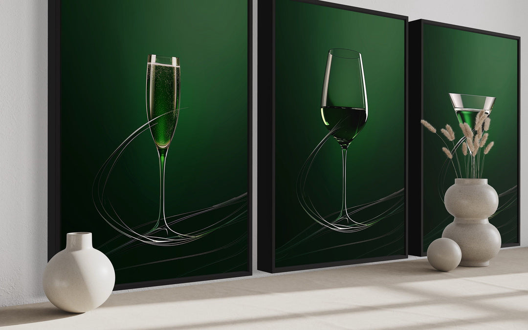 Wine Glass, Martini and Champagne Flute Emerald Green Dining Room Framed Canvas Wall Art