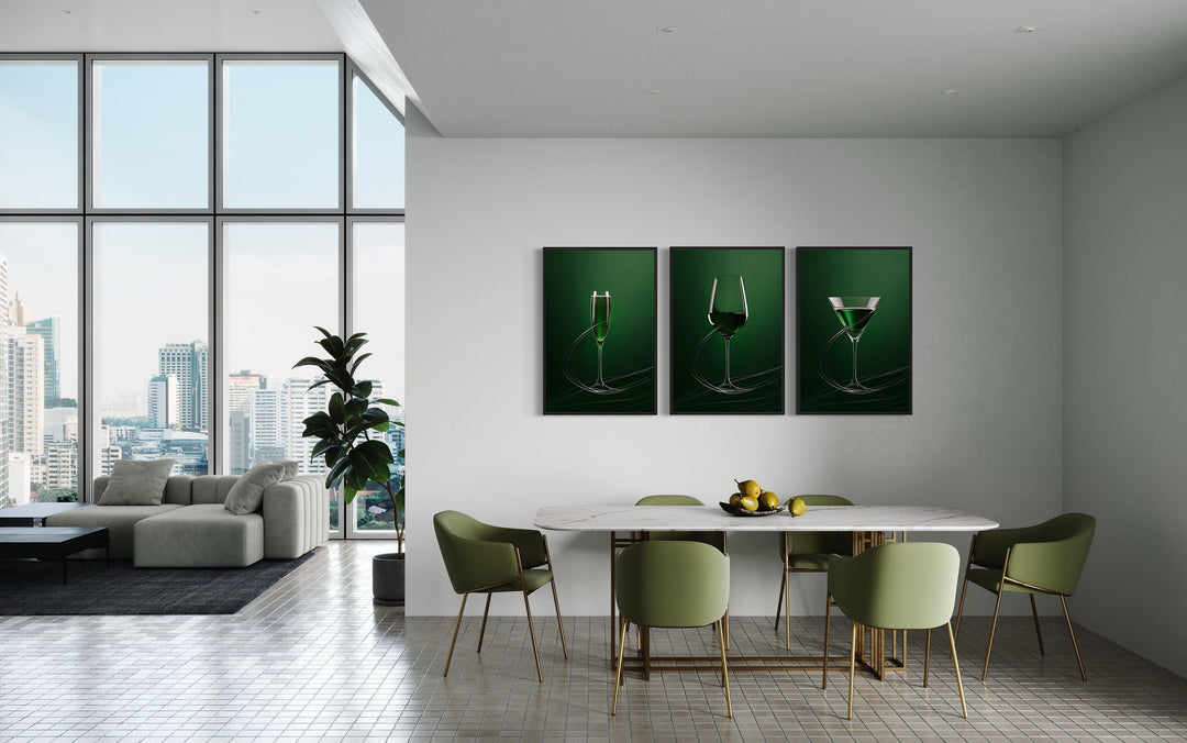 Dining Room Wall Decor - Wine Glass, Martini and Champagne Flute Emerald Green Dining Room Framed Canvas Wall Art