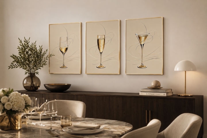 Set of three framed canvas prints featuring a wine glass, champagne flute, and martini glass.