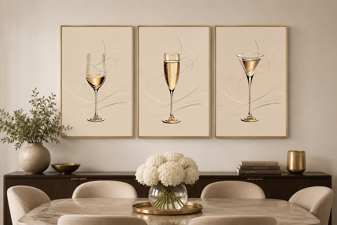 Set of three framed canvas prints featuring a wine glass, champagne flute, and martini glass.