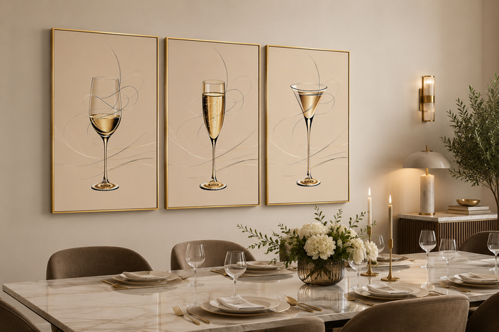 Set of three framed canvas prints featuring a wine glass, champagne flute, and martini glass.