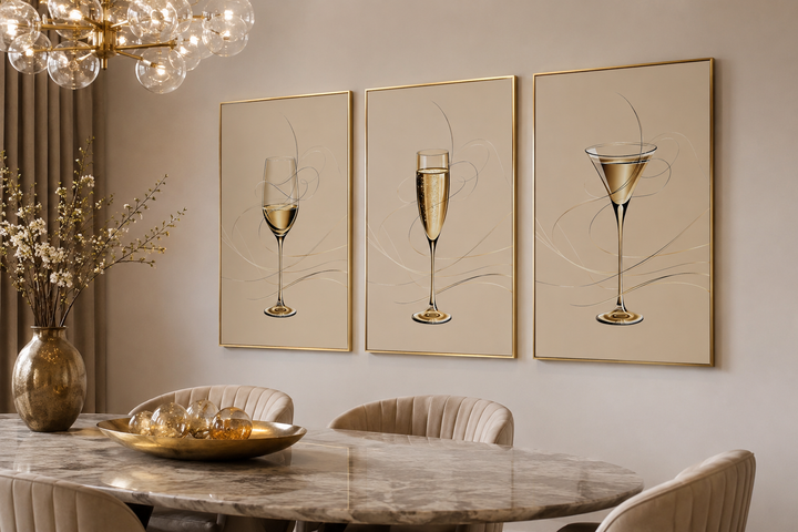 Set of three framed canvas prints featuring a wine glass, champagne flute, and martini glass.