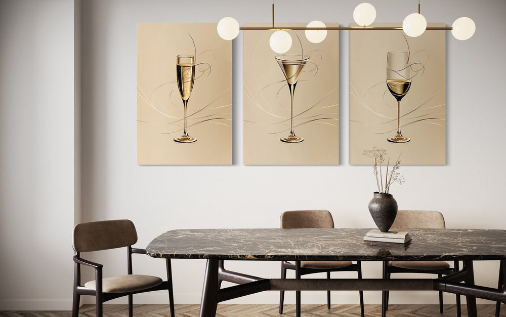 Wine Glass, Martini and Champagne Flute Neutral Wall Art in dining room