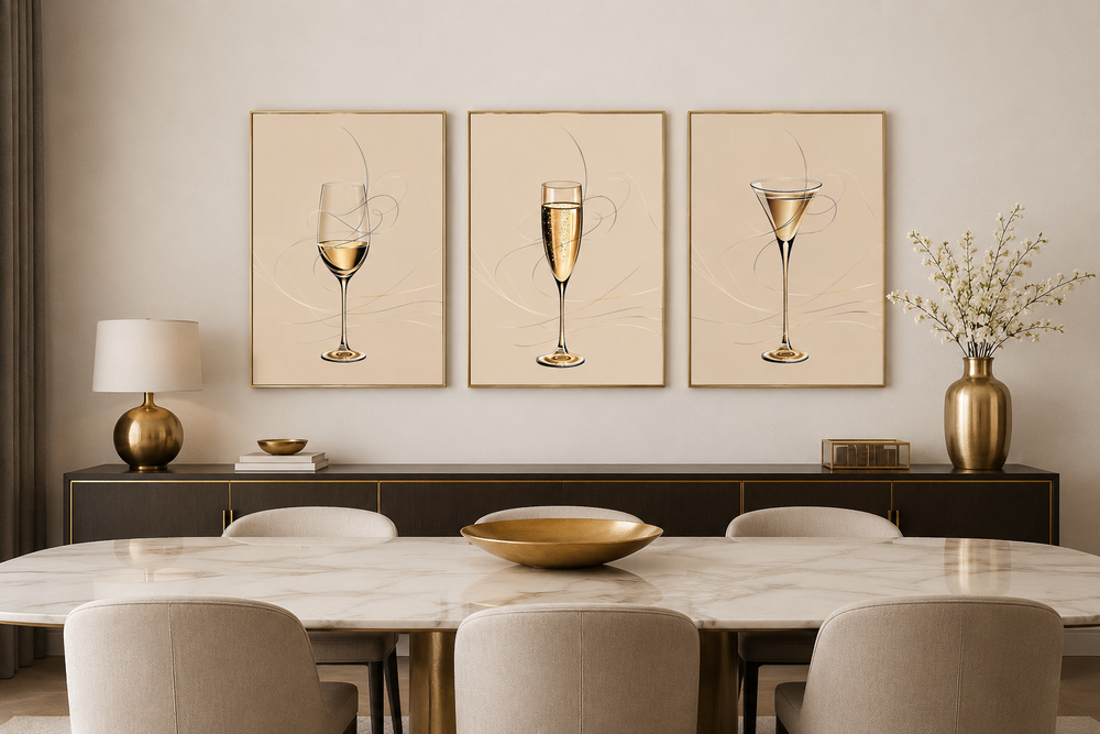 Set of three framed canvas prints featuring a wine glass, champagne flute, and martini glass.